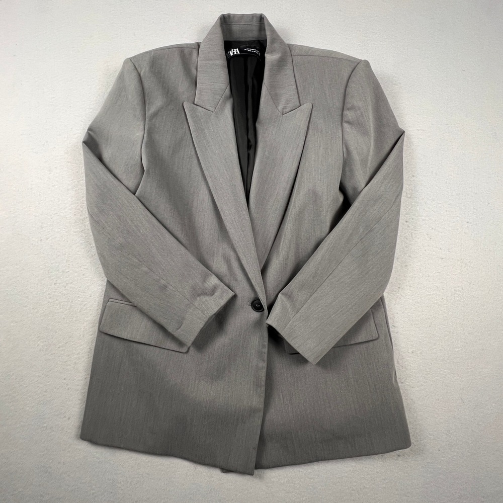 Zara Blazer Women XS Gray Double Breasted Peak Lapel Pockets Professional Chic